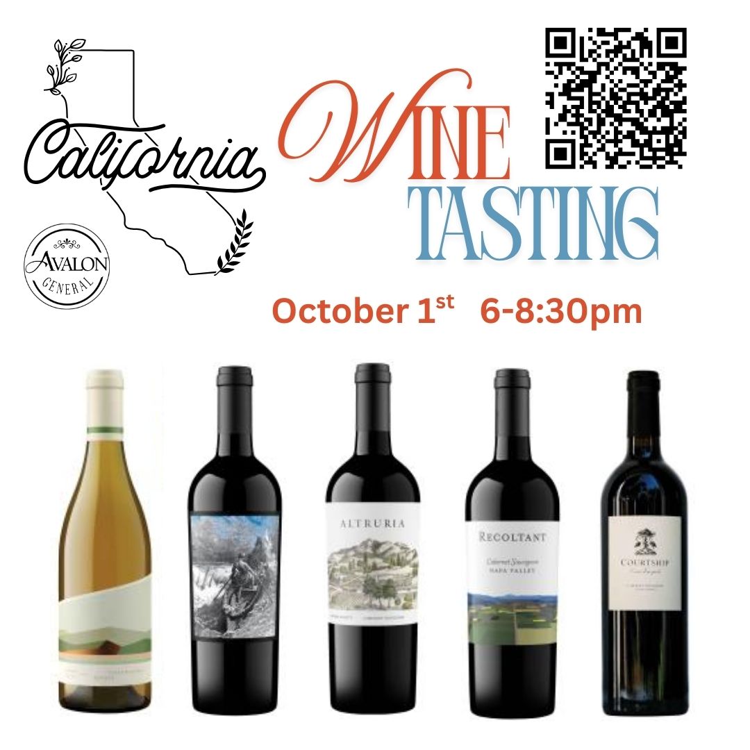 Poster for California Wine Tasting event featuring five bottles of wine with event details for October 1st, 6–8:30 PM at The Marketplace at Avalon Park.