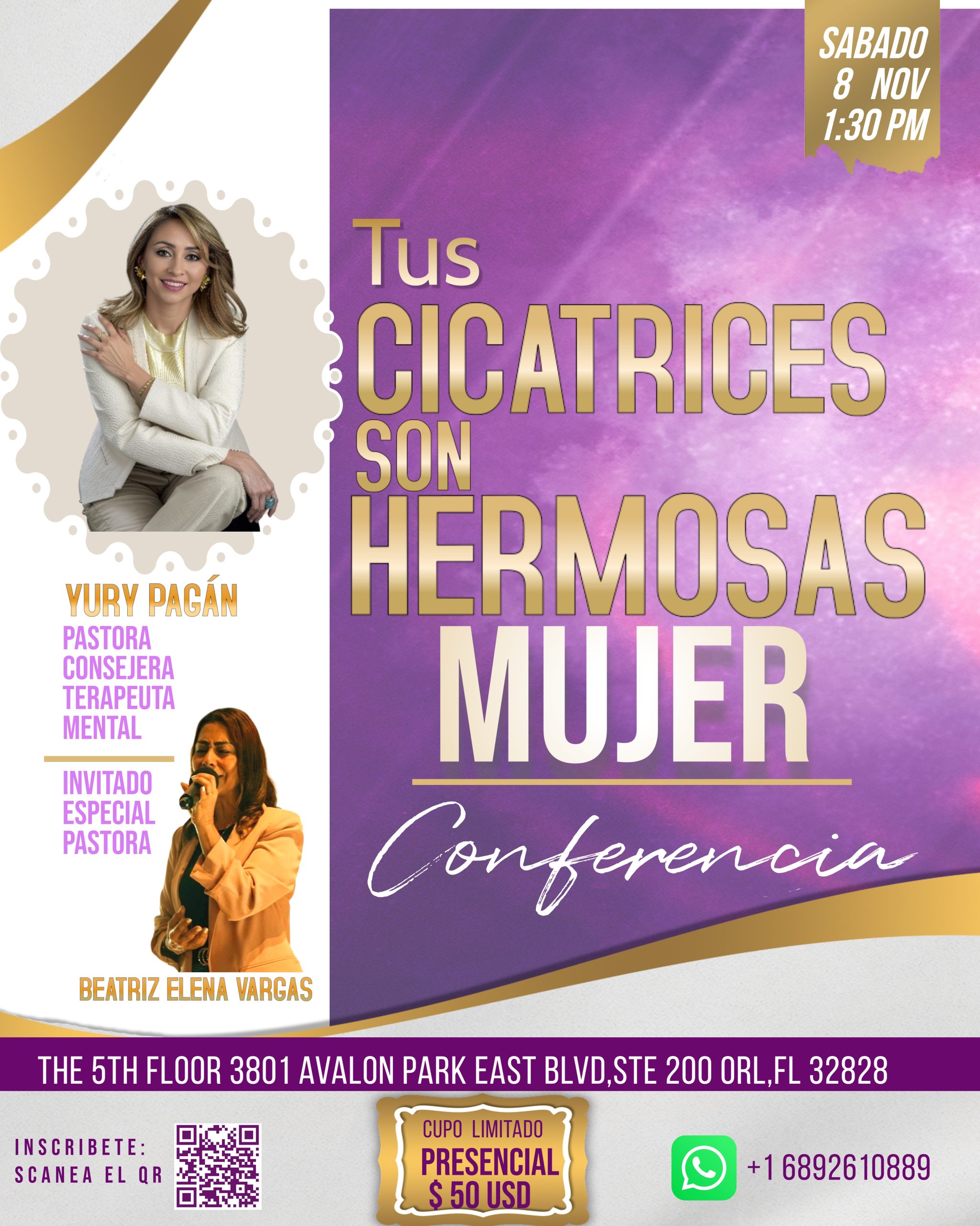 Your Scars Are Beautiful, Woman” Conference with Yury Pagán and Beatriz Elena Vargas at The 5th Floor Orlando, Saturday, November 8 at 1:30 PM.